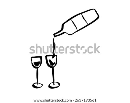 Wine glasses and bottle in whimsical doodle style. Coquette aesthetic elements of hand drawn line art. Symbols for Valentine day and invitations templates. Doodle vector illustration