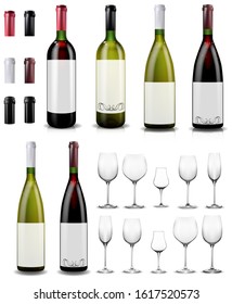 Wine glasses and bottles. Caps closing the stopper bottle.