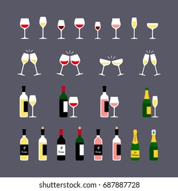 Wine glasses and bottles flat icons set. Vector illustration