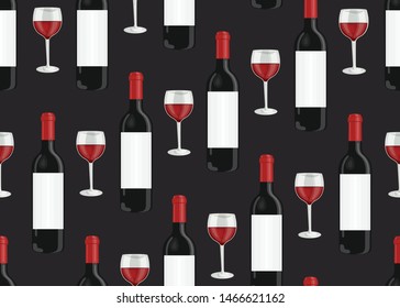 Wine glasses and bottles seamless pattern on black background, Red grapes pattern background, Red wine vector illustration.