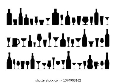 wine glasses and bottles set. Vector black and white illustration silhouette.