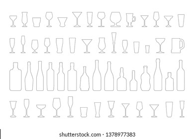 wine glasses and bottles set. Vector outline black and white illustration.