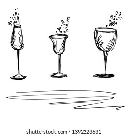Wine glasses with bubbles and hearts. Vector illustration.