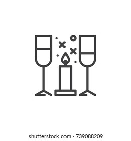 Wine glasses and candle line icon, outline vector sign, linear style pictogram isolated on white. Romantic dinner, valentine day symbol, logo illustration. Editable stroke