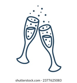 Wine glasses with champagne, sparkling wine. Hand doodle Christmas illustrations on white background