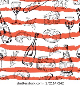 wine, wine glasses, cheese, bakery , drink , food vector seamless pattern. Concept for wallpaper, wrapping paper, cards, menu