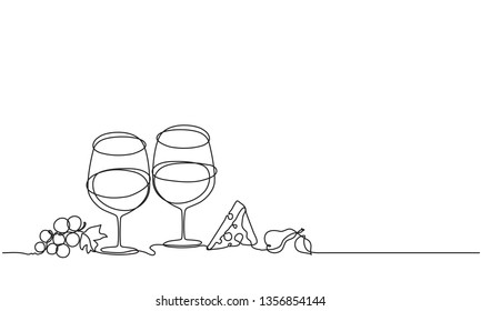 Wine glasses, cheese, fruit. Vector. Drawing by continuous line. Doodle. Sketch