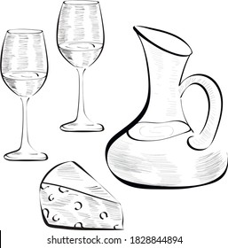 Wine, glasses, cheese hand drawn food vector isolated design elements on black background. Concept for menu, cards