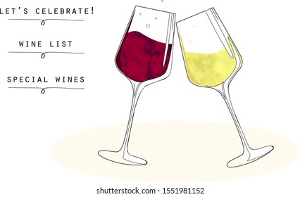 Wine glasses click in party with social friends atmosphere a menu template with text for drinks event wine tasting brunch bottomless hand drawn illustration party new years