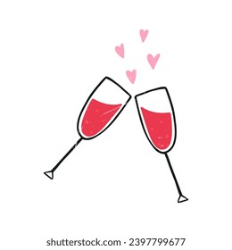 Wine glasses clinking, hand drawn cartoon flat vector illustration isolated on white. Cute drawing with grunge texture. Cheers with red wine glasses. Love and Valentines day party celebration.