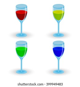Wine glasses with colored liquids. Vector illustration