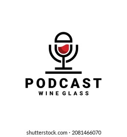 Wine glasses combination with microphone podcast in background white,vector logo design line art style as you editable