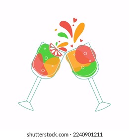 Wine glasses. Doodle style vector icons. Bright color illustrations with alcoholic drinks on an isolated background.	