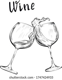 Gafas de vino , vector de bebida aislado en fondo blanco. Concepto de logotipo, menú, tarjetas, impresión