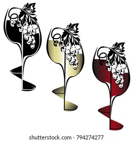 Wine glasses with drinks and a grapevine with berries, the vector image on a white background