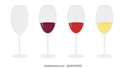 Óculos de vinho Rosso tinto vazio e branco Dia do vinho saudação ou degustação conjunto mínimo de elementos de design plano