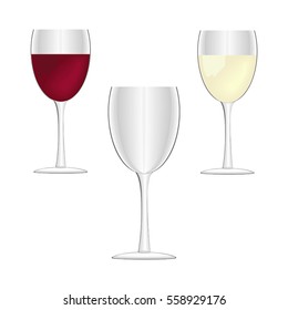 Wine glasses - empty, red wine and white wine. Vector illustration. Isolated on white background