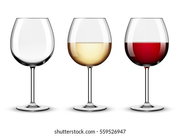 Wine glasses - empty, red wine and white wine