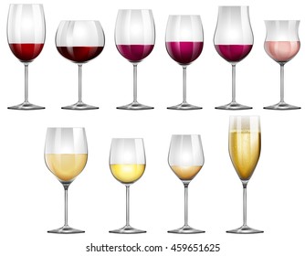 Wine glasses filled with red and white wine illustration