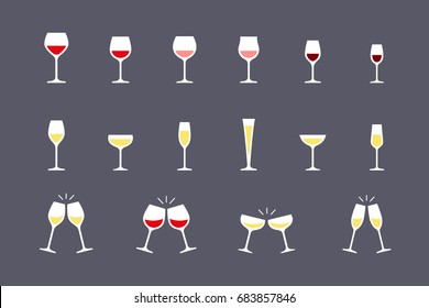 Wine Glasses Flat Icons Set. Vector Illustration
