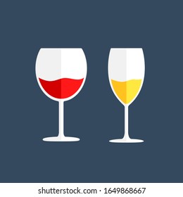 Vidrio de estilo plano. Dos vasos para el vino, vector. Vidrio de vino tinto y blanco de estilo plano. Vector.