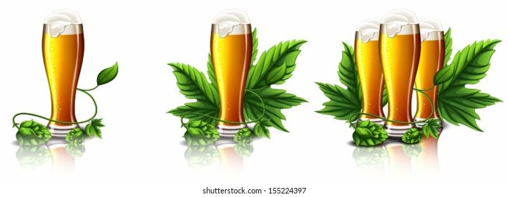 Wine glasses with foamy beer and fruit hops