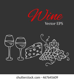 Wine glasses, grapes and cheese vector  illustration isolated on chalkboard background, hand drawn doodle sketch. 