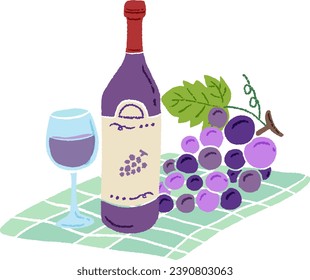 Wine, glasses and grapes placed on a cloth, hand drawn stylish illustration with colored pencil texture