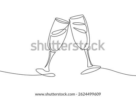 Wine Glasses Hand Drawn One Line Drawing. Wine Glass Abstract Minimal Simple Linear Drawing. Drink Concept Dirty Grunge Vector Illustration. Modern Trendy Contour Art. Not AI