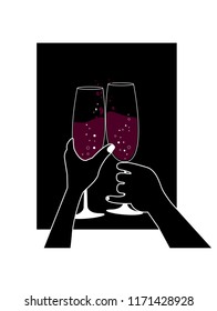 Wine glasses in hands. Vector illustration of a drink. People hold glasses with sparkling champagne in their hands. Celebration. Poster, card. Print design