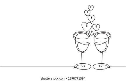 Wine Glasses And Heart. Line Drawing