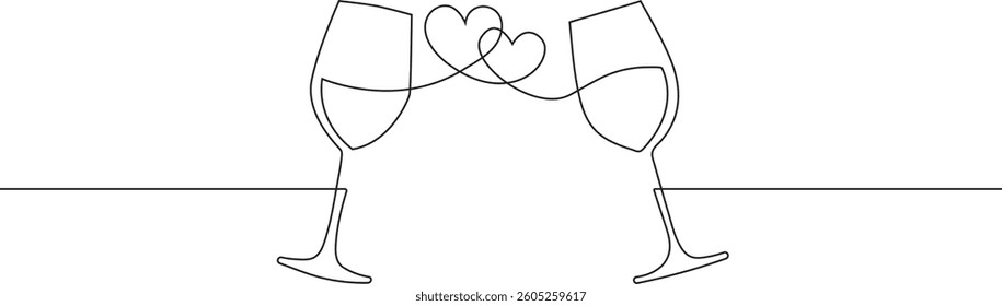 Wine glasses and heart shape Continuous line drawing 