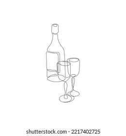 Icono de vino y gafas, dibujo de línea continua, diseño de logotipo, línea única de silueta sobre fondo blanco, ilustración vectorial aislada.