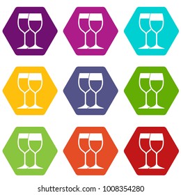 Wine glasses icon set many color hexahedron isolated on white vector illustration