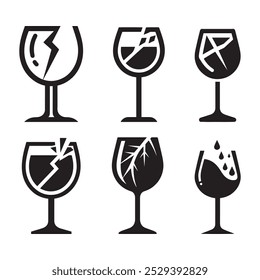 Wine glasses, iconic silhouettes, broken glass, cracked stemware  vector art style, wine symbols