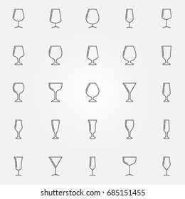 Wine glasses icons collection. Vector set of wine glasses minimal symbols. Drinkware signs in thin line style