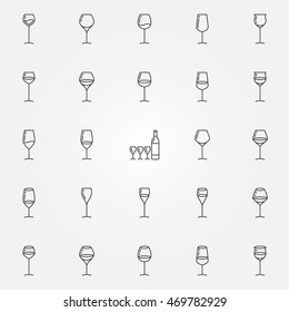 Wine glasses icons set. Vector thin line black concept glasses for alcoholic drinks symbols and champagne flutes signs
