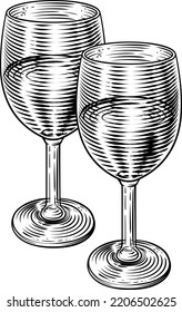 Wine glasses illustration in a vintage etching woodcut style