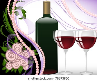 wine glasses on a black background with pearls and a bouquet of roses