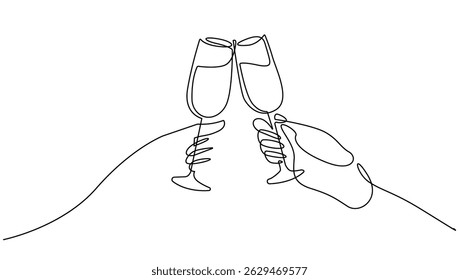 Wine Glasses One Line Drawing. Glass of Wine Abstract Minimal Simple Linear Drawing. Drink Concept Continuous One Line Illustration. Modern Trendy Contour Drawing. Vector EPS 10. Not AI