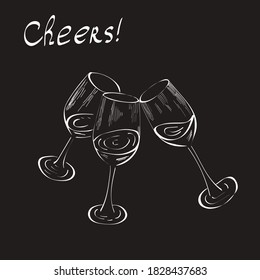wine glasses. Outline chalk vector isolated design elements and lettering on black background. Concept for logo, menu, cards 