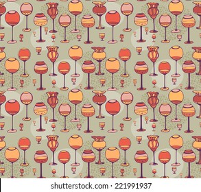Wine glasses pattern and decorative paper. Bar and pub design. Vector illustration