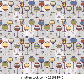 Wine glasses pattern and decorative paper. Bar and pub design. Vector illustration