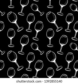 Wine glasses pattern. Hand-drawn white doodle of wine glasses on black backdrop. Chalk background. Seamless vector background
