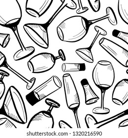 Wine glasses pattern, seamless vector background hand drawn sketch doodle glasses for drinks black on white background