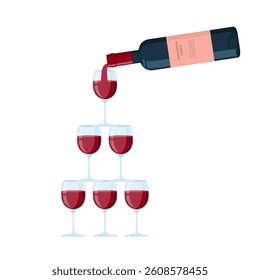 Wine glasses pyramid. Red wine, cocktail tower. Postcard for web and print.