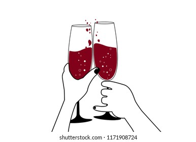 Wine glasses of red wine in hands on a white background. Vector illustration of champagne in the hands of people. Celebration, party, party. Print design, postcard, poster. Couple holding glasses