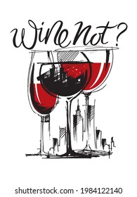 Wine not? Glasses of red wine on the background of a big city. Reflection of the metropolis in a glass