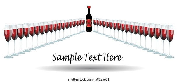 wine glasses of red wine in a triangle line, on white background