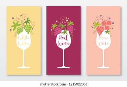 Wine glasses red, white, rose decorated with grape vines vector card set